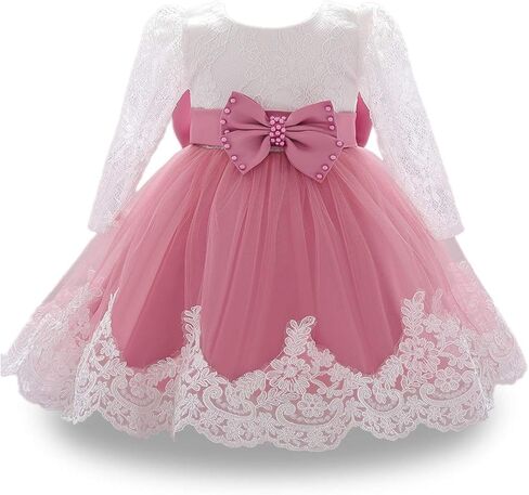 HIHCBF Baby Girls 1st Birthday Cake Smash Christening Dress Princess Bowknot Long Sleeve Lace Wedding Baptism Tutu Ball Gown in Kuwait