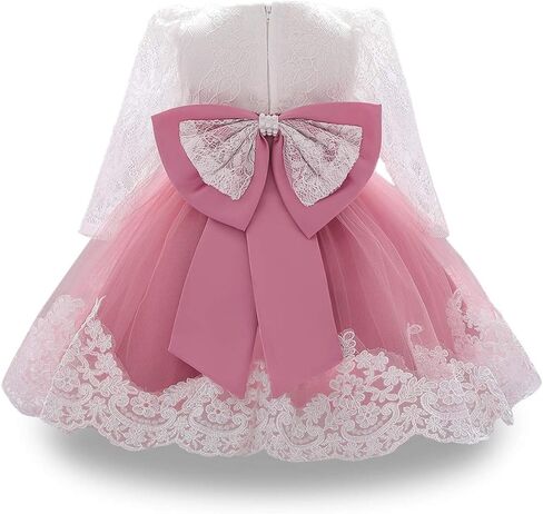 HIHCBF Baby Girls 1st Birthday Cake Smash Christening Dress Princess Bowknot Long Sleeve Lace Wedding Baptism Tutu Ball Gown in Kuwait