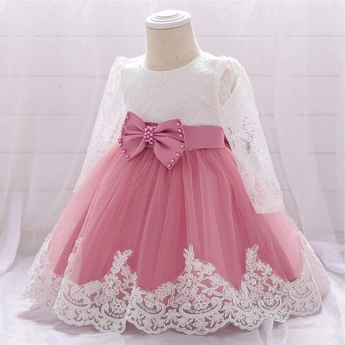 HIHCBF Baby Girls 1st Birthday Cake Smash Christening Dress Princess Bowknot Long Sleeve Lace Wedding Baptism Tutu Ball Gown in Kuwait