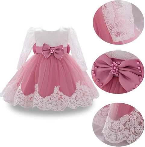 HIHCBF Baby Girls 1st Birthday Cake Smash Christening Dress Princess Bowknot Long Sleeve Lace Wedding Baptism Tutu Ball Gown in Kuwait