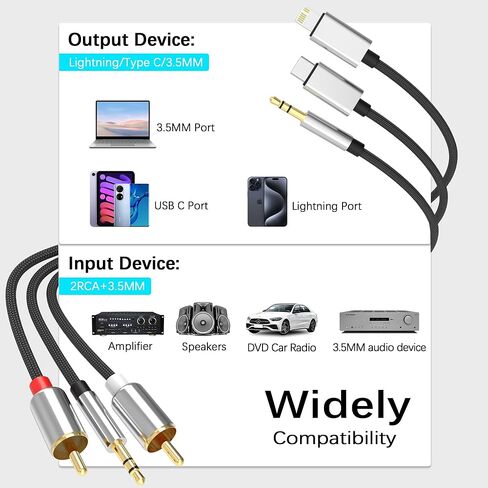 محول صوت كابل Lightning إلى RCA (2 متر)، كابل RCA إلى 3.5 مم، كابل صوت USB C إلى 2 RCA، (كابل صوت 6 في 1) لمضخم الطاقة والسيارة والمسرح المنزلي ومكبر الصوت والمزيد (متوافق مع Lightning) in Saudi Arabia