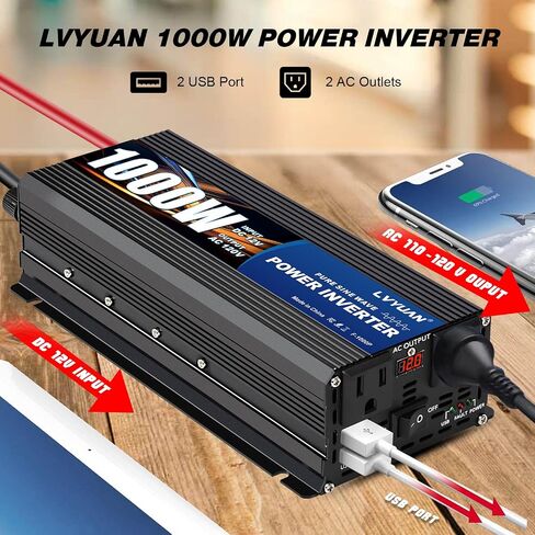 LVYUAN 500 Watt Pure Sine Wave Power Inverter 12V to 110V/120V DC to AC Converter with Dual Sockets, Dual USB Ports, LED Display for Home Outdoor RV Car Power Inverter Power Adapter in Saudi Arabia