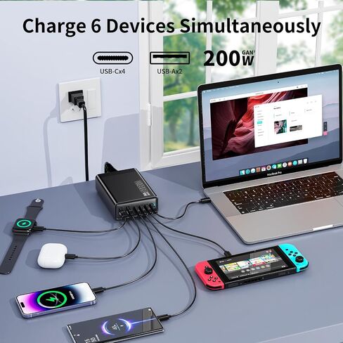 200W GaN III 6-Port USB C Charger, PPS PD 100W Fast Charging Station for MacBook Pro/Air, DELL, HP Surface, iPhone 15/Pro/14/13, Galaxy S23, Steam Deck and More (Black) in Saudi Arabia