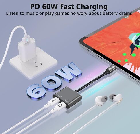 USB C Splitter, Dual USB C Headphone and Charger Adapter, 3 in 1 USB C Audio Adapter with PD 60W Fast Charging Dongle USB C Data Adapter Compatible with iPhone 15/15 Pro Max, Galaxy S24/S23, Pixel 8 in Saudi Arabia