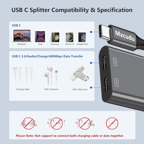 USB C Splitter, Dual USB C Headphone and Charger Adapter, 3 in 1 USB C Audio Adapter with PD 60W Fast Charging Dongle USB C Data Adapter Compatible with iPhone 15/15 Pro Max, Galaxy S24/S23, Pixel 8 in Saudi Arabia