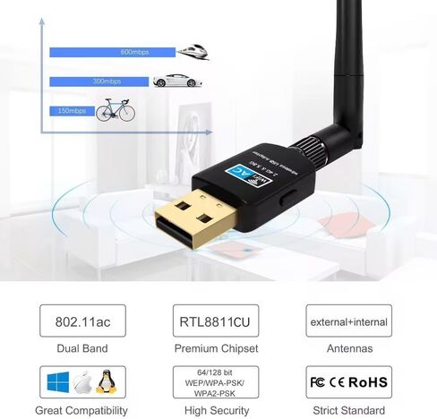 محول USB WiFi AC600Mbps، ثنائي النطاق 5.8G/2.4G، محول شبكة لاسلكي للكمبيوتر المحمول/سطح المكتب، متوافق مع نظام التشغيل Windows/Mac OS، XP/Vista/7/8/10، OS X 10.6-10.15 in Saudi Arabia