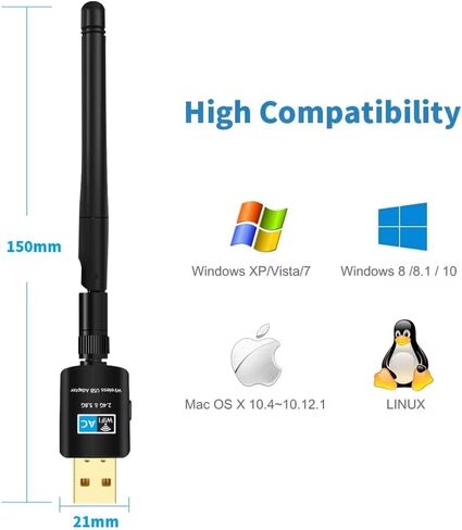 محول USB WiFi AC600Mbps، ثنائي النطاق 5.8G/2.4G، محول شبكة لاسلكي للكمبيوتر المحمول/سطح المكتب، متوافق مع نظام التشغيل Windows/Mac OS، XP/Vista/7/8/10، OS X 10.6-10.15 in Saudi Arabia