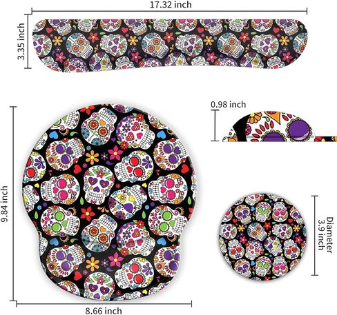 وسادة ماوس مريحة لدعم المعصم ومجموعة مسند المعصم للوحة المفاتيح لأجهزة الكمبيوتر المحمول وأجهزة Mac والألعاب والمكتب، متينة ومريحة وتخفيف الآلام + كوستر، جمجمة سكر ملونة عتيقة ليوم الموتى in Kuwait