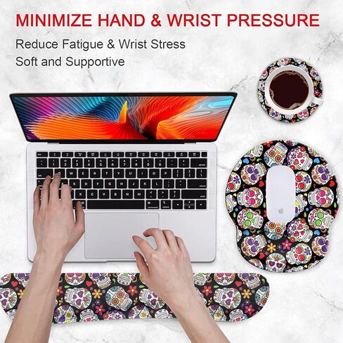 وسادة ماوس مريحة لدعم المعصم ومجموعة مسند المعصم للوحة المفاتيح لأجهزة الكمبيوتر المحمول وأجهزة Mac والألعاب والمكتب، متينة ومريحة وتخفيف الآلام + كوستر، جمجمة سكر ملونة عتيقة ليوم الموتى in Kuwait