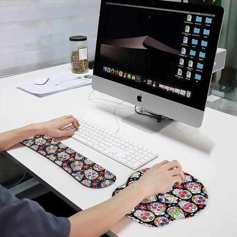 وسادة ماوس مريحة لدعم المعصم ومجموعة مسند المعصم للوحة المفاتيح لأجهزة الكمبيوتر المحمول وأجهزة Mac والألعاب والمكتب، متينة ومريحة وتخفيف الآلام + كوستر، جمجمة سكر ملونة عتيقة ليوم الموتى in Kuwait