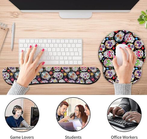 وسادة ماوس مريحة لدعم المعصم ومجموعة مسند المعصم للوحة المفاتيح لأجهزة الكمبيوتر المحمول وأجهزة Mac والألعاب والمكتب، متينة ومريحة وتخفيف الآلام + كوستر، جمجمة سكر ملونة عتيقة ليوم الموتى in Kuwait