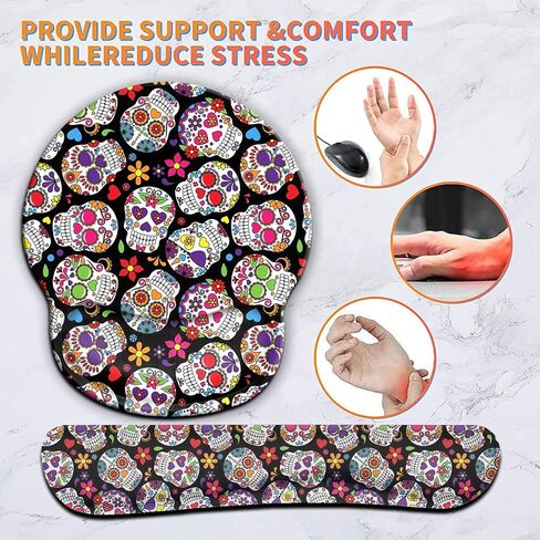 وسادة ماوس مريحة لدعم المعصم ومجموعة مسند المعصم للوحة المفاتيح لأجهزة الكمبيوتر المحمول وأجهزة Mac والألعاب والمكتب، متينة ومريحة وتخفيف الآلام + كوستر، جمجمة سكر ملونة عتيقة ليوم الموتى in Kuwait