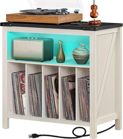 Large Record Player Stand with Charging Station & LED Lights, Black Vinyl Record Storage Holder Holds up to 230 Albums, Turntable Stand with Display Shelf for Music Room Bedroom Living Room. in Saudi Arabia