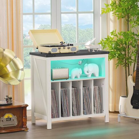 Large Record Player Stand with Charging Station & LED Lights, Black Vinyl Record Storage Holder Holds up to 230 Albums, Turntable Stand with Display Shelf for Music Room Bedroom Living Room. in Saudi Arabia