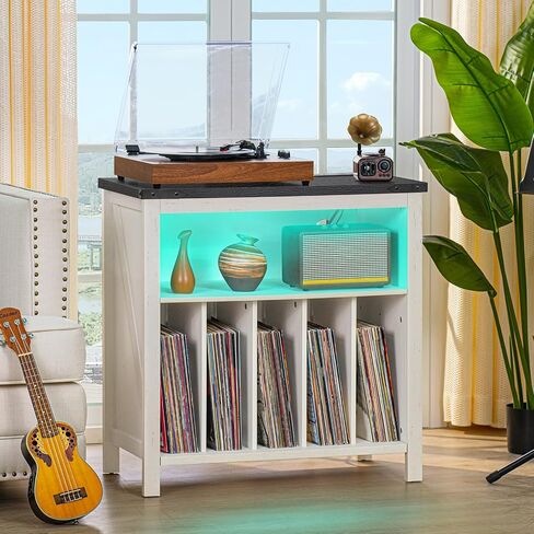 Large Record Player Stand with Charging Station & LED Lights, Black Vinyl Record Storage Holder Holds up to 230 Albums, Turntable Stand with Display Shelf for Music Room Bedroom Living Room. in Saudi Arabia