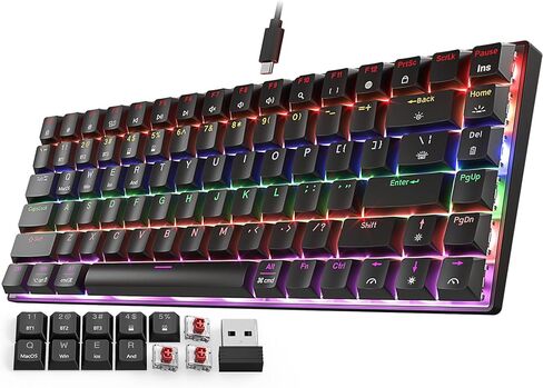 لوحة مفاتيح ألعاب ميكانيكية لاسلكية SABLUTE 75%، بلوتوث ثلاثي الوضع/2.4G/USB-C سلكية، لوحة مفاتيح صغيرة مدمجة بإضاءة خلفية 84 مفتاحًا مع مفتاح أحمر منخفض المستوى للكمبيوتر الشخصي والكمبيوتر المحمول والكمبيوتر اللوحي Windows Mac in Kuwait