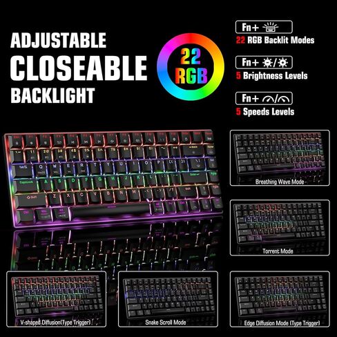 لوحة مفاتيح ألعاب ميكانيكية لاسلكية SABLUTE 75%، بلوتوث ثلاثي الوضع/2.4G/USB-C سلكية، لوحة مفاتيح صغيرة مدمجة بإضاءة خلفية 84 مفتاحًا مع مفتاح أحمر منخفض المستوى للكمبيوتر الشخصي والكمبيوتر المحمول والكمبيوتر اللوحي Windows Mac in Kuwait