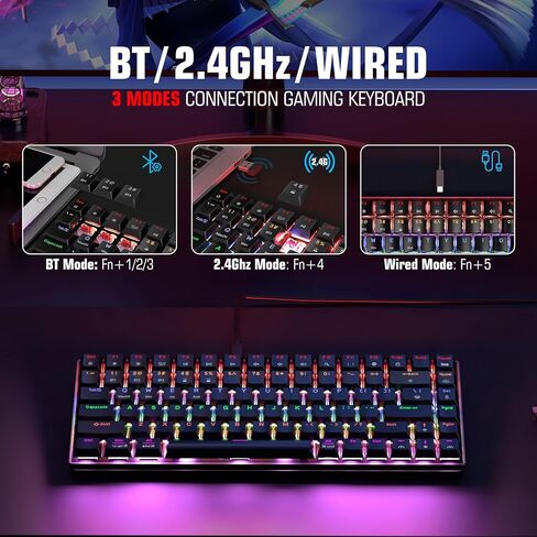 لوحة مفاتيح ألعاب ميكانيكية لاسلكية SABLUTE 75%، بلوتوث ثلاثي الوضع/2.4G/USB-C سلكية، لوحة مفاتيح صغيرة مدمجة بإضاءة خلفية 84 مفتاحًا مع مفتاح أحمر منخفض المستوى للكمبيوتر الشخصي والكمبيوتر المحمول والكمبيوتر اللوحي Windows Mac in Kuwait