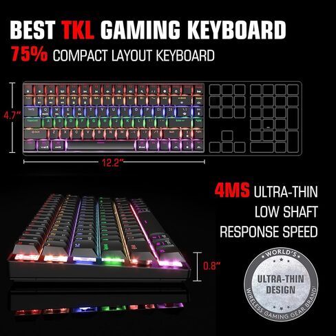 لوحة مفاتيح ألعاب ميكانيكية لاسلكية SABLUTE 75%، بلوتوث ثلاثي الوضع/2.4G/USB-C سلكية، لوحة مفاتيح صغيرة مدمجة بإضاءة خلفية 84 مفتاحًا مع مفتاح أحمر منخفض المستوى للكمبيوتر الشخصي والكمبيوتر المحمول والكمبيوتر اللوحي Windows Mac in Kuwait