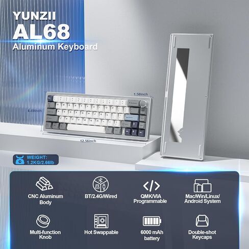 YUNZII AL68 Wireless Mechanical Keyboard 60%,QMK/VIA Aluminum Keyboard,Hot Swappable Custom Keyboard with Knob,Gasket Structure,RGB Backlit Gaming Keyboard for Mac/Windows (Silver, Milk V2) in Kuwait