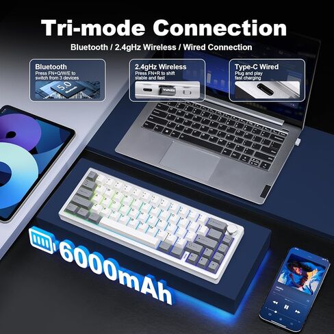 YUNZII AL68 Wireless Mechanical Keyboard 60%,QMK/VIA Aluminum Keyboard,Hot Swappable Custom Keyboard with Knob,Gasket Structure,RGB Backlit Gaming Keyboard for Mac/Windows (Silver, Milk V2) in Saudi Arabia