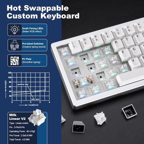YUNZII AL68 Wireless Mechanical Keyboard 60%,QMK/VIA Aluminum Keyboard,Hot Swappable Custom Keyboard with Knob,Gasket Structure,RGB Backlit Gaming Keyboard for Mac/Windows (Silver, Milk V2) in Kuwait