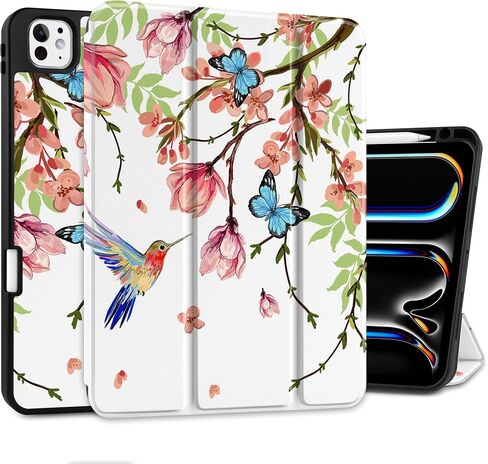 حافظة MEEgoodo لجهاز M4 iPad Pro مقاس 11 بوصة 2024، غطاء كمبيوتر لوحي مع حامل ثلاثي الطي وحامل قلم رصاص وغطاء خلفي ناعم من مادة TPU، زهور ملونة بالحبر in Kuwait