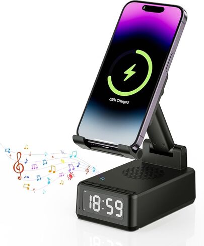 4 in 1 Bluetooth 5.3 Wireless Speaker with Adjustable Phone Stand Wireless Charging Station, Digital Alarm Clock & Portable Speaker Support USB Drive in Saudi Arabia