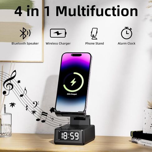 4 in 1 Bluetooth 5.3 Wireless Speaker with Adjustable Phone Stand Wireless Charging Station, Digital Alarm Clock & Portable Speaker Support USB Drive in Saudi Arabia