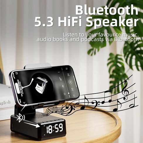 4 in 1 Bluetooth 5.3 Wireless Speaker with Adjustable Phone Stand Wireless Charging Station, Digital Alarm Clock & Portable Speaker Support USB Drive in Saudi Arabia