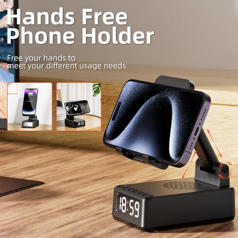 4 in 1 Bluetooth 5.3 Wireless Speaker with Adjustable Phone Stand Wireless Charging Station, Digital Alarm Clock & Portable Speaker Support USB Drive in Saudi Arabia