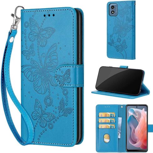Designed for Motorola Moto G Play 2024 Case Wallet,Women Flip Folio Cover with Embossed PU Leather Stand Credit Card Holders Slots Wrist Strap Phone Case for Moto G Play 2024 (Blue Butterfly) in Saudi Arabia
