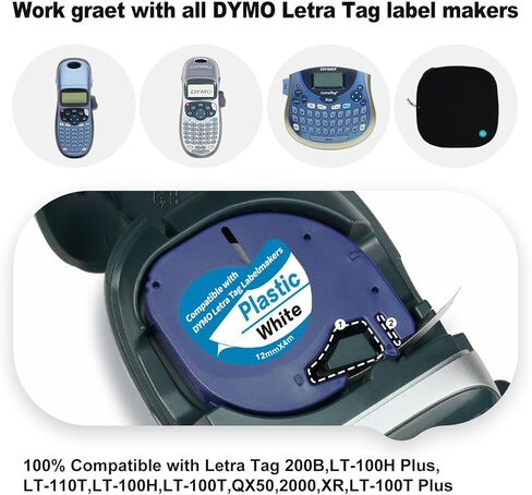 شريط ملصقات متوافق مع عبوات صانع الملصقات Dymo مقاس 12 مم × 4 م 1/2 بوصة × 13 بوصة، شريط بلاستيكي LetraTag، بديل لشريط علامة Dymo Letra لـ LT100T LT100H QX50 in Saudi Arabia