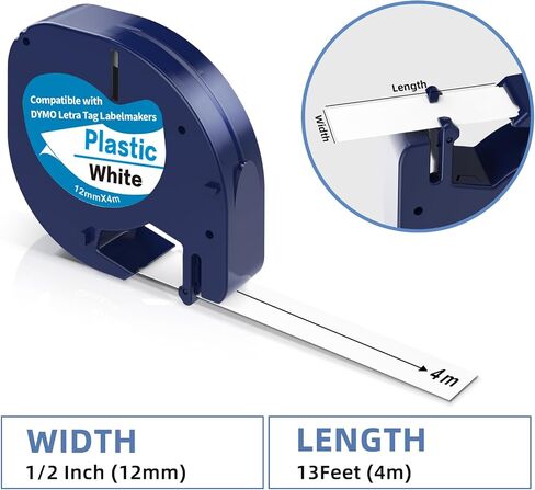 شريط ملصقات متوافق مع عبوات صانع الملصقات Dymo مقاس 12 مم × 4 م 1/2 بوصة × 13 بوصة، شريط بلاستيكي LetraTag، بديل لشريط علامة Dymo Letra لـ LT100T LT100H QX50 in Saudi Arabia