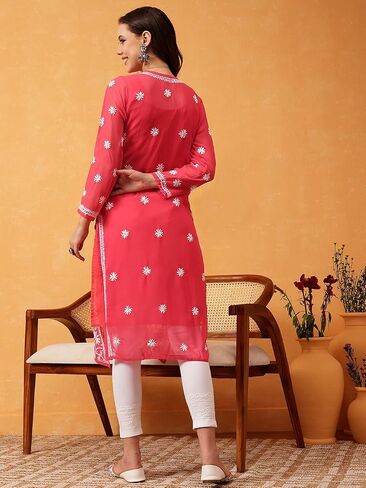 Ada Hand Embroidered Indian Chikankari Georgette Kurti Kurta with Slip for Women A90397 in Kuwait