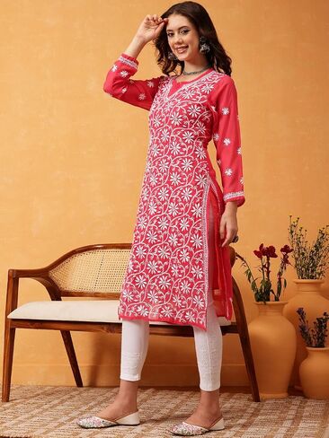 Ada Hand Embroidered Indian Chikankari Georgette Kurti Kurta with Slip for Women A90397 in Kuwait