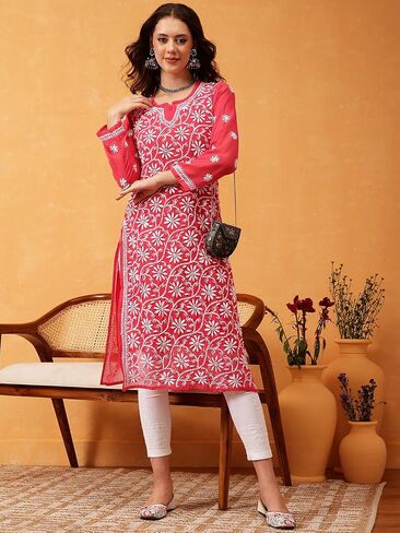 Ada Hand Embroidered Indian Chikankari Georgette Kurti Kurta with Slip for Women A90397 in Kuwait