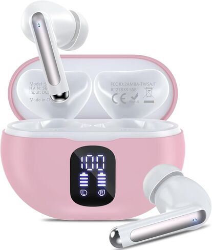 سماعات أذن لاسلكية، سماعات أذن بلوتوث 2024 5.3، سماعات أذن ستيريو بصوت جهير عميق وتشغيل 50 ساعة مع حافظة شحن LED لعرض الطاقة، سماعات أذن مقاومة للماء IPX7 لأجهزة الكمبيوتر المحمول والهواتف الرياضية والتمارين الرياضية، وردي in Kuwait