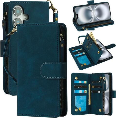 RANYOK Compatible with iPhone 16 Case Wallet - PU Leather Wallet Case for iPhone 16 with Credit Card Holder RFID Blocking Zipper Pocket with Wrist Strap Flip Folio Protective Case (Blue) in Kuwait