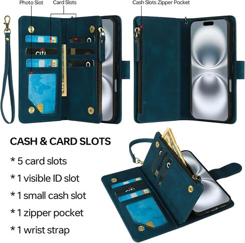 RANYOK Compatible with iPhone 16 Case Wallet - PU Leather Wallet Case for iPhone 16 with Credit Card Holder RFID Blocking Zipper Pocket with Wrist Strap Flip Folio Protective Case (Blue) in Kuwait