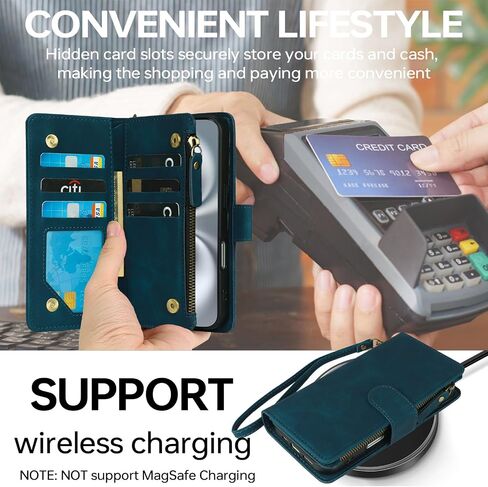 RANYOK Compatible with iPhone 16 Case Wallet - PU Leather Wallet Case for iPhone 16 with Credit Card Holder RFID Blocking Zipper Pocket with Wrist Strap Flip Folio Protective Case (Blue) in Kuwait