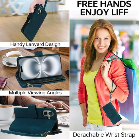 RANYOK Compatible with iPhone 16 Case Wallet - PU Leather Wallet Case for iPhone 16 with Credit Card Holder RFID Blocking Zipper Pocket with Wrist Strap Flip Folio Protective Case (Blue) in Kuwait