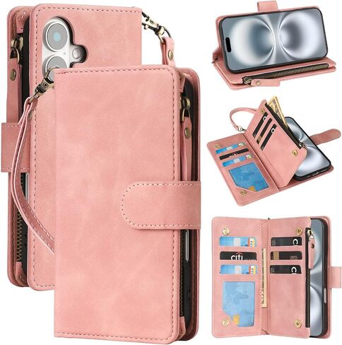 RANYOK Compatible with iPhone 16 Case Wallet - PU Leather Wallet Case for iPhone 16 with Credit Card Holder RFID Blocking Zipper Pocket with Wrist Strap Flip Folio Protective Case (Blue) in Kuwait