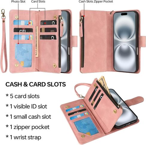 RANYOK Compatible with iPhone 16 Case Wallet - PU Leather Wallet Case for iPhone 16 with Credit Card Holder RFID Blocking Zipper Pocket with Wrist Strap Flip Folio Protective Case (Blue) in Kuwait