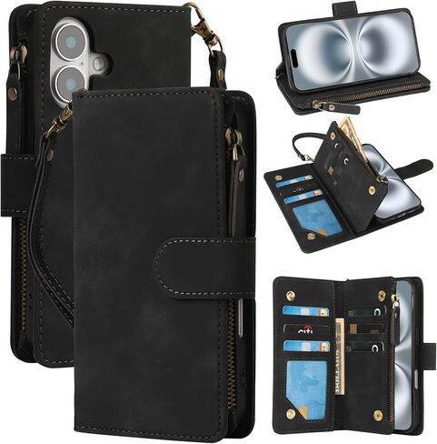 حافظة RANYOK متوافقة مع محفظة iPhone 16 - حافظة محفظة من جلد البولي يوريثان لهاتف iPhone 16 مع حامل بطاقة الائتمان RFID وجيب بسحاب مع حزام معصم حافظة واقية قابلة للطي (أزرق) in Kuwait