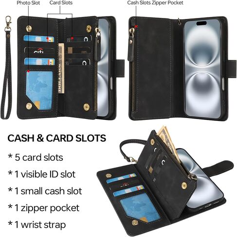 حافظة RANYOK متوافقة مع محفظة iPhone 16 - حافظة محفظة من جلد البولي يوريثان لهاتف iPhone 16 مع حامل بطاقة الائتمان RFID وجيب بسحاب مع حزام معصم حافظة واقية قابلة للطي (أزرق) in Kuwait