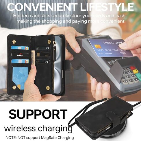 حافظة RANYOK متوافقة مع محفظة iPhone 16 - حافظة محفظة من جلد البولي يوريثان لهاتف iPhone 16 مع حامل بطاقة الائتمان RFID وجيب بسحاب مع حزام معصم حافظة واقية قابلة للطي (أزرق) in Kuwait