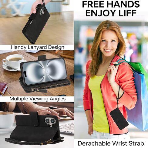 حافظة RANYOK متوافقة مع محفظة iPhone 16 - حافظة محفظة من جلد البولي يوريثان لهاتف iPhone 16 مع حامل بطاقة الائتمان RFID وجيب بسحاب مع حزام معصم حافظة واقية قابلة للطي (أزرق) in Kuwait