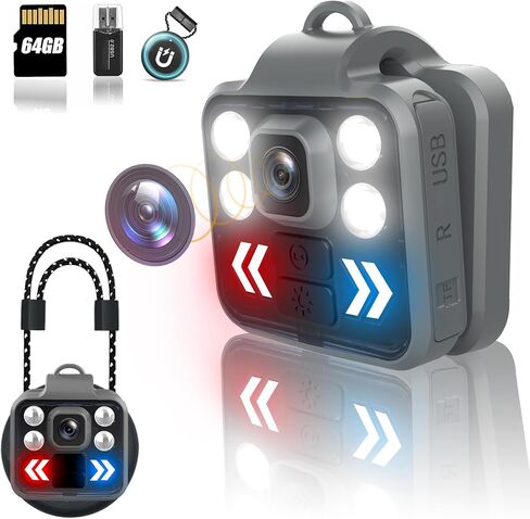 Body Camera with Audio & Video Recording - 1080P Mini Small Portable 64G Cam Recorder - LED Flashlight Waterproof Cam- for Child Pet Home Outdoor Fishing Camping (Grey-with Magnetic Lanyard) in Saudi Arabia
