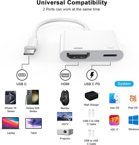 محول USB C إلى HDMI، محول USB 3.1 نوع C رقمي AV HDTV 4K@60 هرتز كابل موصل شاشة مزامنة HDMI مع منفذ شحن USB C 100 واط لهاتف iPhone 16/16 Plus/16 Pro/16 Pro Max/15/15 Plus/15 Pro/ 15 برو ماكس in Kuwait